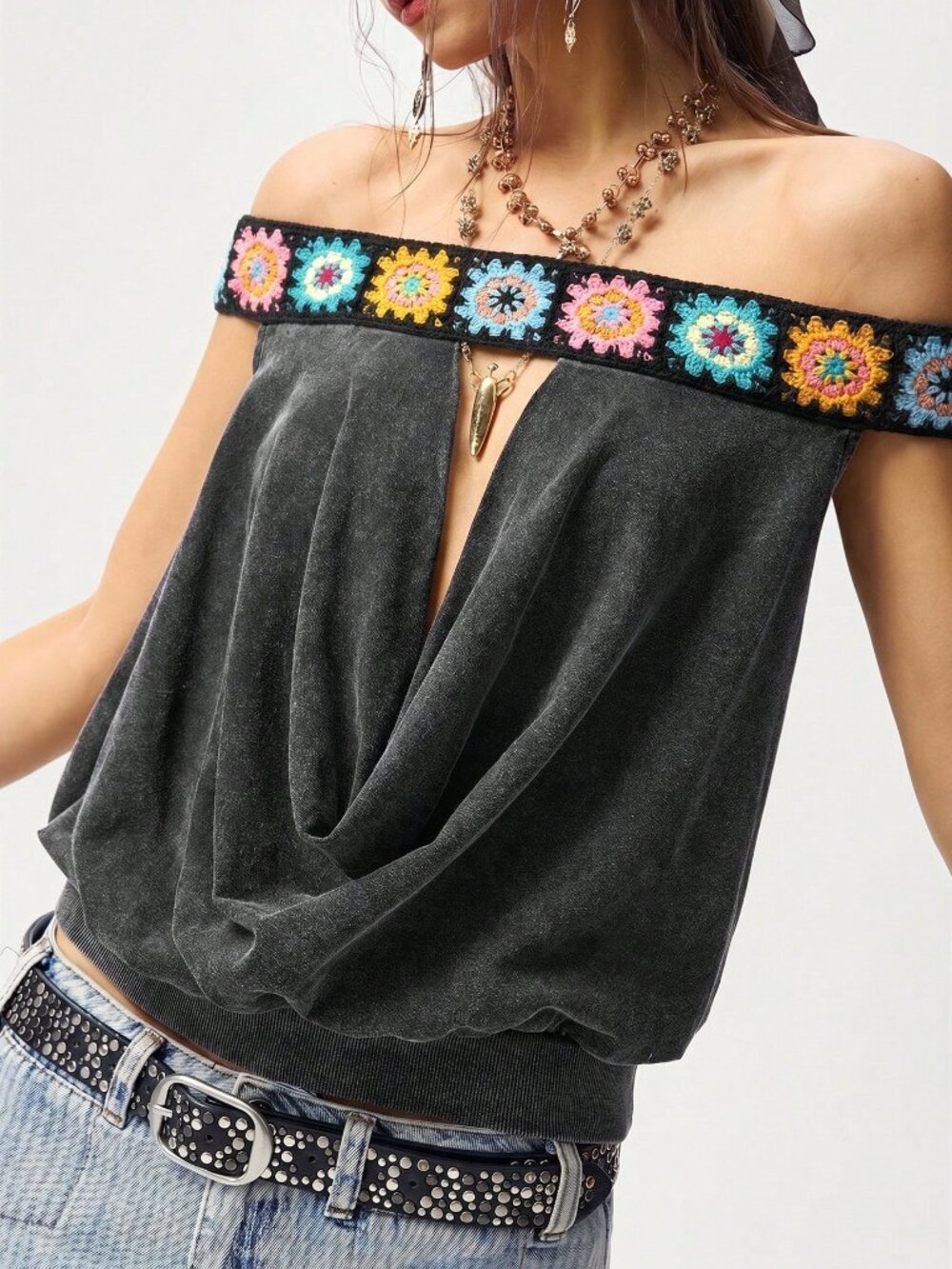 Grey Casual Women's Washed Knit T-Shirt With Braid Trim - Picture 7 of 8